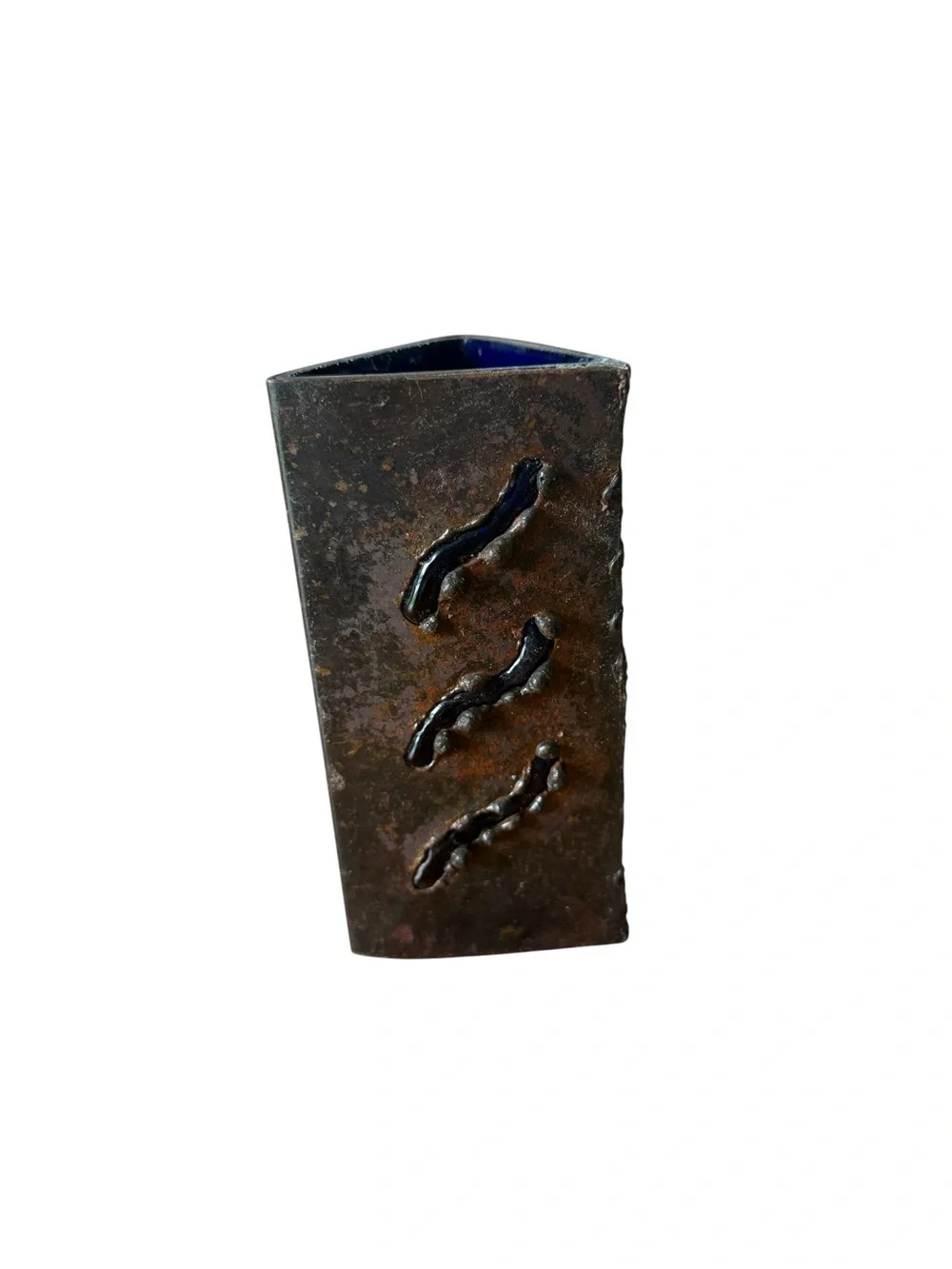 Brutalist Copper With Cobalt Blue Caged Rectangular Vase 1960’s Mid Century